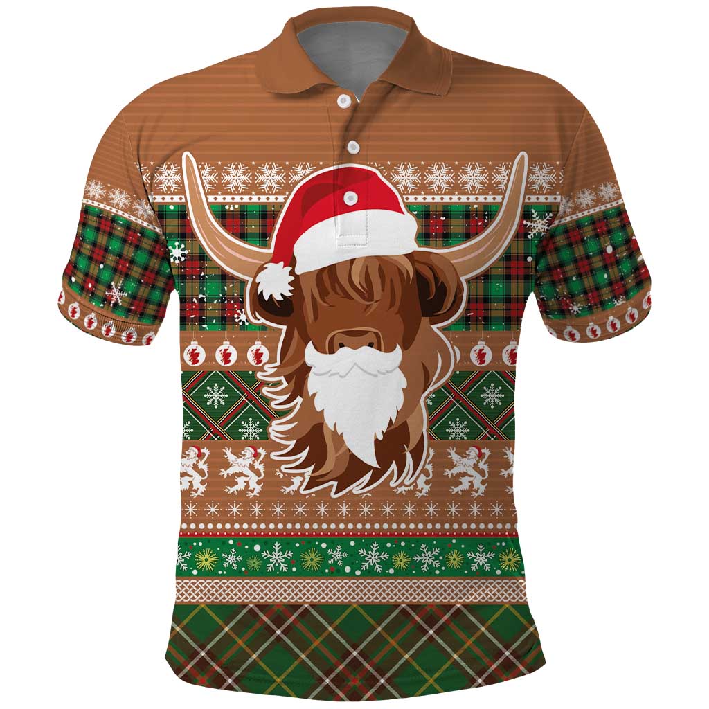 Scottish Christmas Polo Shirt Highland Cattle-Xmas Tartan Stripes Style Brown Color - Wonder Print Shop
