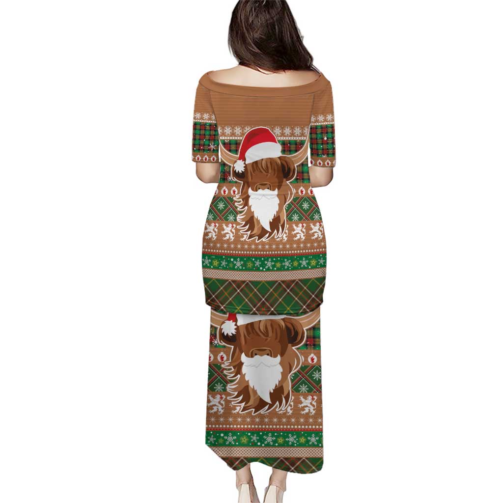 Scottish Christmas Puletasi Highland Cattle-Xmas Tartan Stripes Style Brown Color - Wonder Print Shop