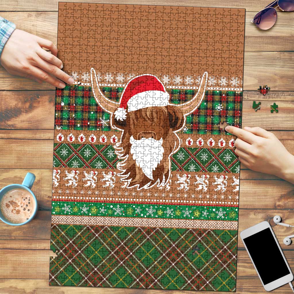 Scottish Christmas Puzzle Highland Cattle-Xmas Tartan Stripes Style Brown Color - Wonder Print Shop