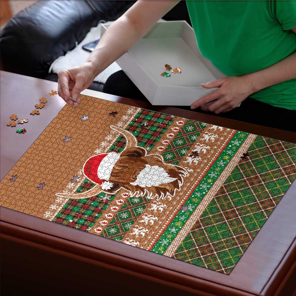 Scottish Christmas Puzzle Highland Cattle-Xmas Tartan Stripes Style Brown Color - Wonder Print Shop