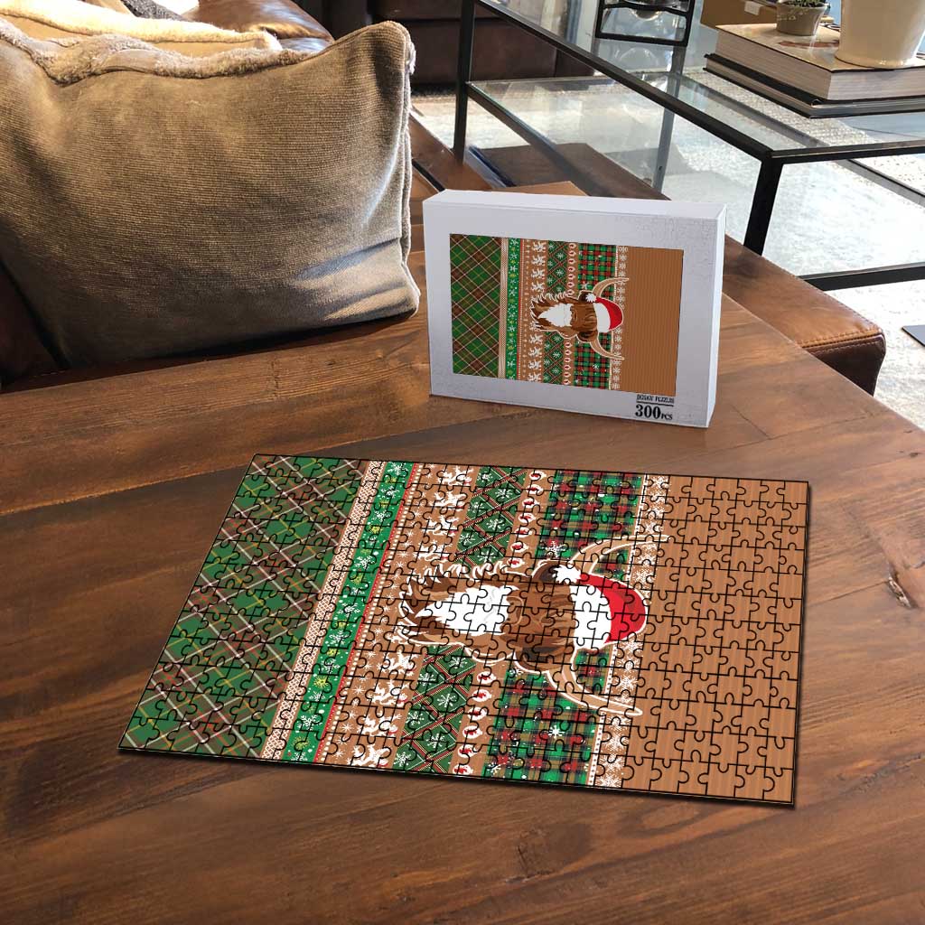 Scottish Christmas Puzzle Highland Cattle-Xmas Tartan Stripes Style Brown Color - Wonder Print Shop
