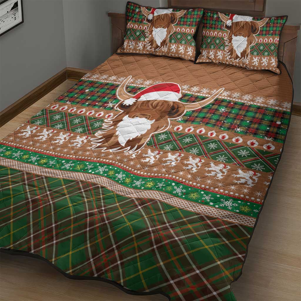Scottish Christmas Quilt Bed Set Highland Cattle-Xmas Tartan Stripes Style Brown Color - Wonder Print Shop