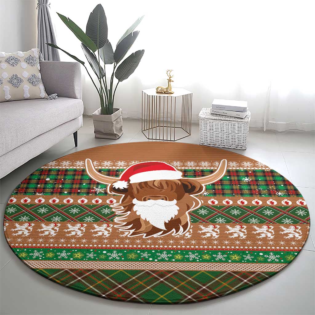 Scottish Christmas Round Carpet Highland Cattle-Xmas Tartan Stripes Style Brown Color - Wonder Print Shop