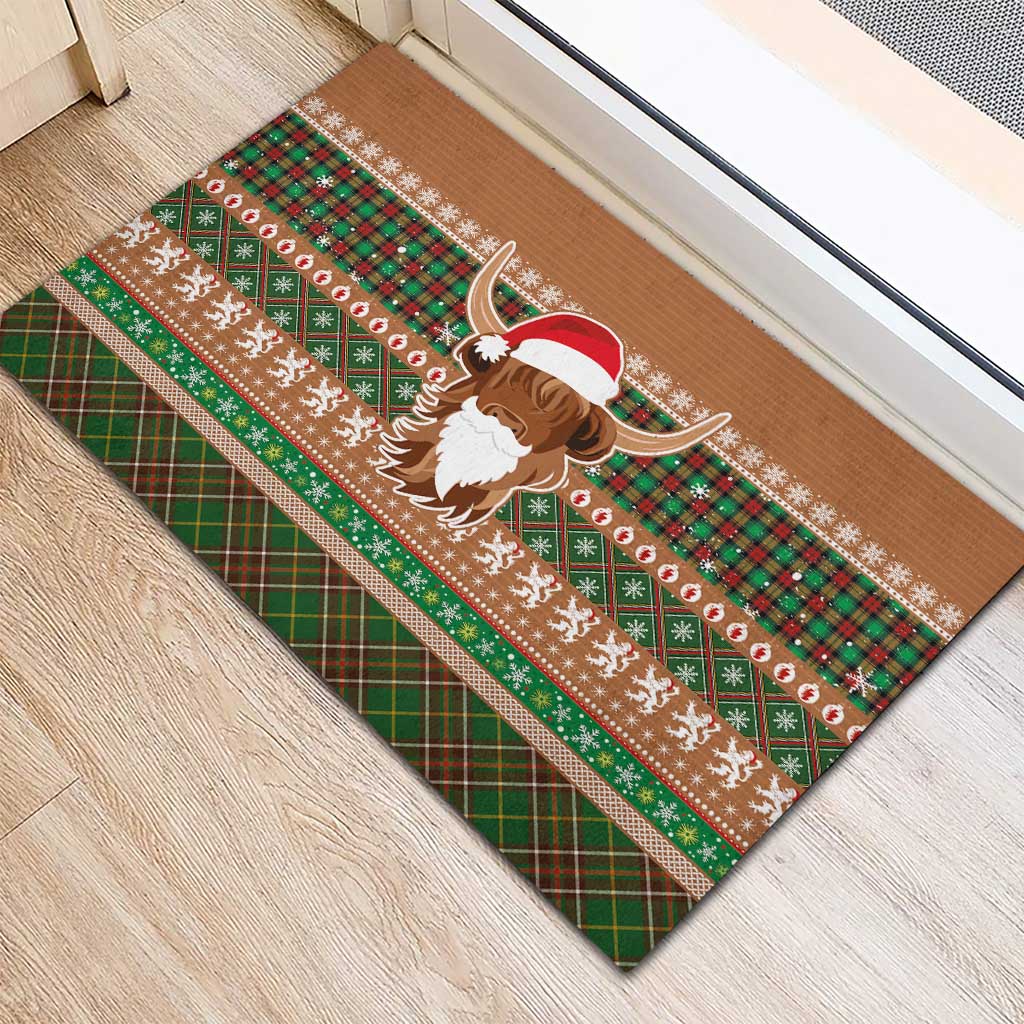 Scottish Christmas Rubber Doormat Highland Cattle-Xmas Tartan Stripes Style Brown Color - Wonder Print Shop