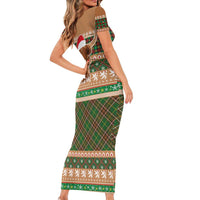 Scottish Christmas Short Sleeve Bodycon Dress Highland Cattle-Xmas Tartan Stripes Style Brown Color - Wonder Print Shop