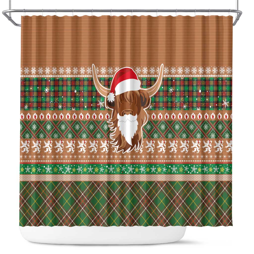 Scottish Christmas Shower Curtain Highland Cattle-Xmas Tartan Stripes Style Brown Color - Wonder Print Shop