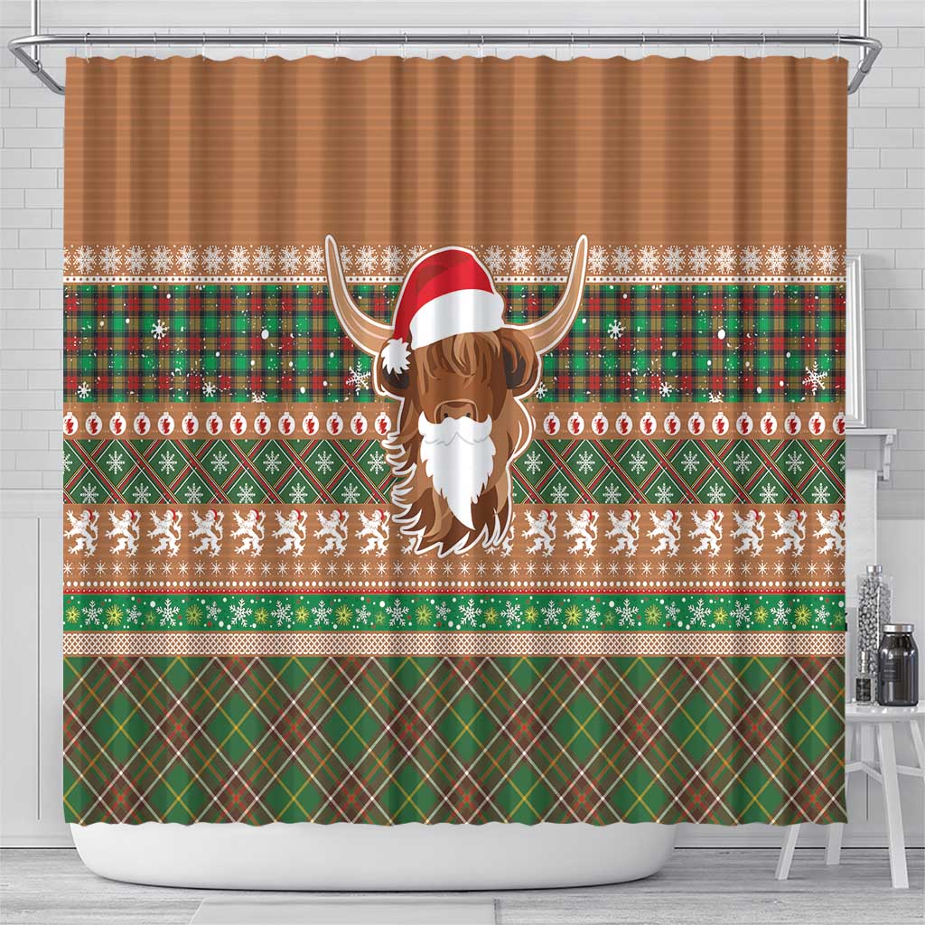 Scottish Christmas Shower Curtain Highland Cattle-Xmas Tartan Stripes Style Brown Color - Wonder Print Shop