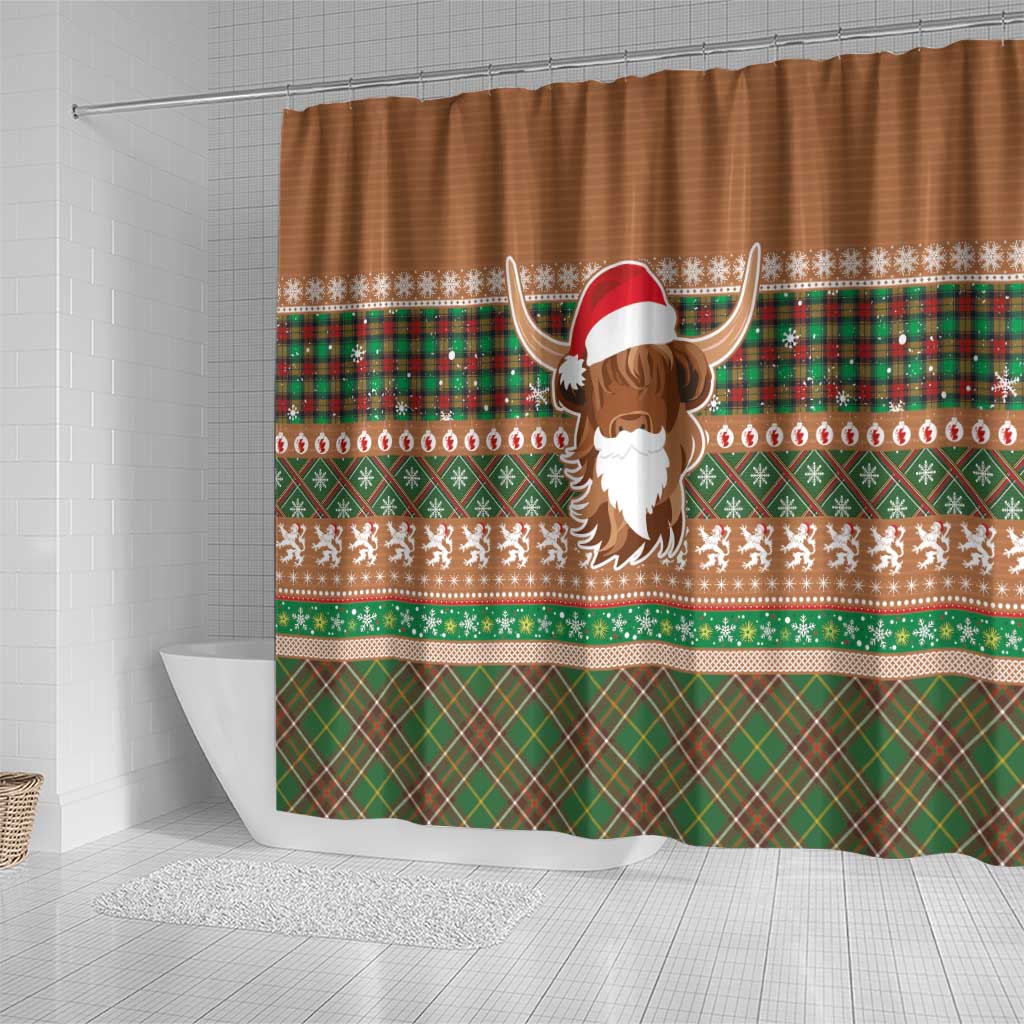 Scottish Christmas Shower Curtain Highland Cattle-Xmas Tartan Stripes Style Brown Color - Wonder Print Shop