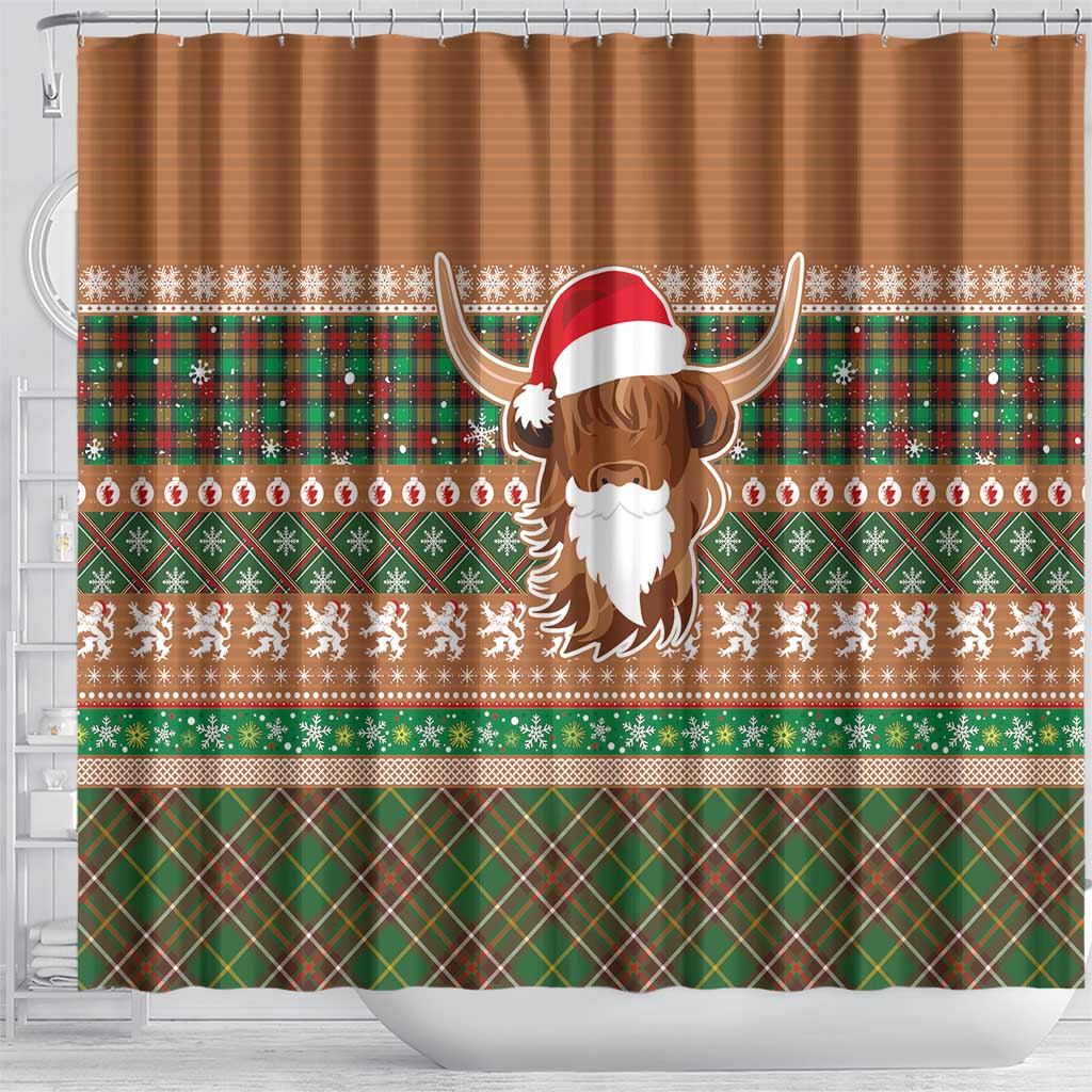 Scottish Christmas Shower Curtain Highland Cattle-Xmas Tartan Stripes Style Brown Color - Wonder Print Shop