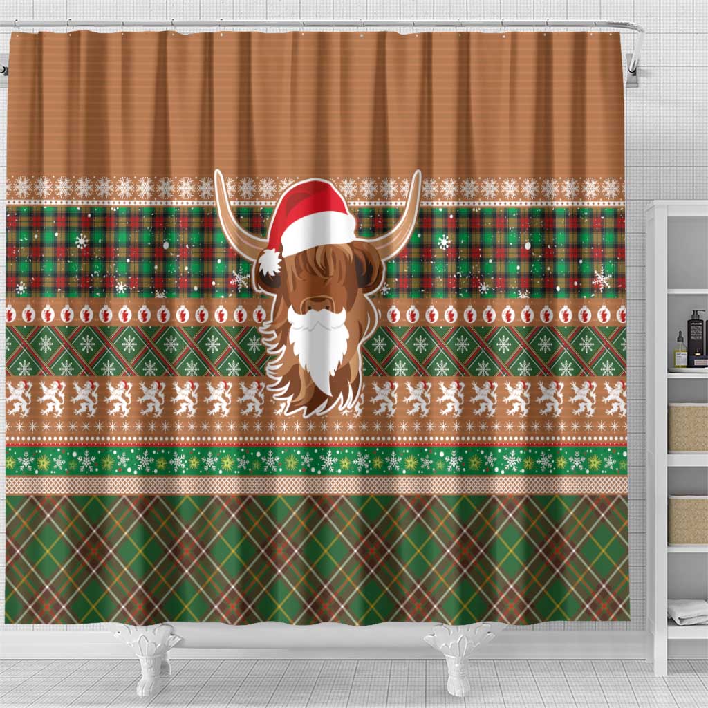 Scottish Christmas Shower Curtain Highland Cattle-Xmas Tartan Stripes Style Brown Color - Wonder Print Shop