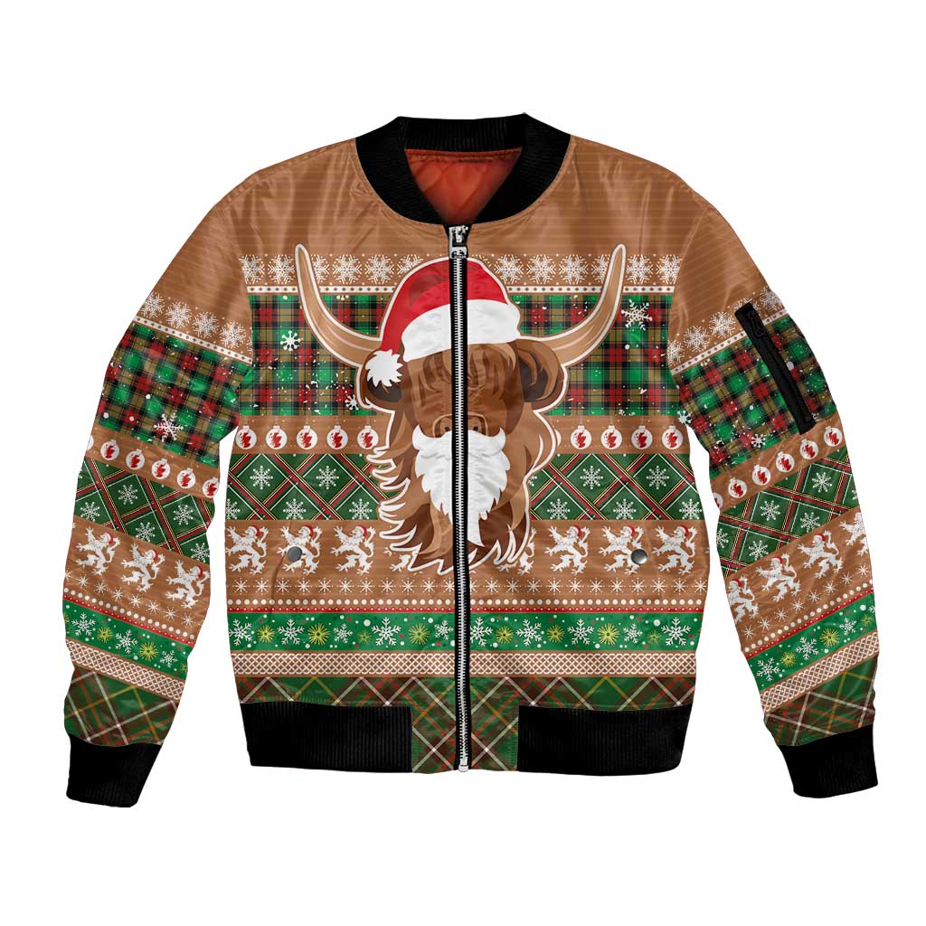 Scottish Christmas Sleeve Zip Bomber Jacket Highland Cattle-Xmas Tartan Stripes Style Brown Color - Wonder Print Shop