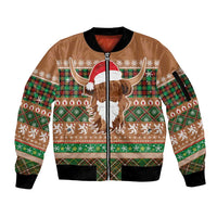 Scottish Christmas Sleeve Zip Bomber Jacket Highland Cattle-Xmas Tartan Stripes Style Brown Color - Wonder Print Shop