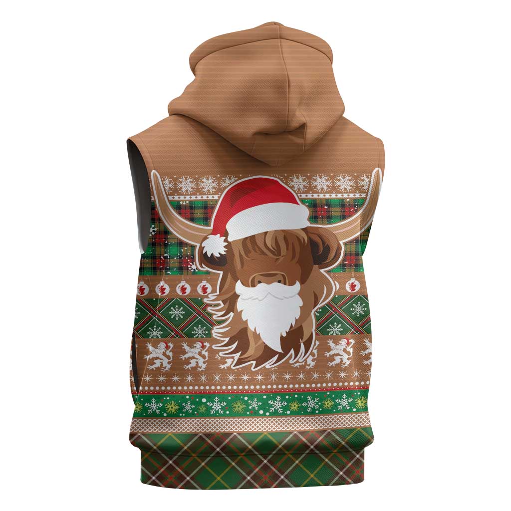 Scottish Christmas Sleeveless Hoodie Highland Cattle-Xmas Tartan Stripes Style Brown Color - Wonder Print Shop