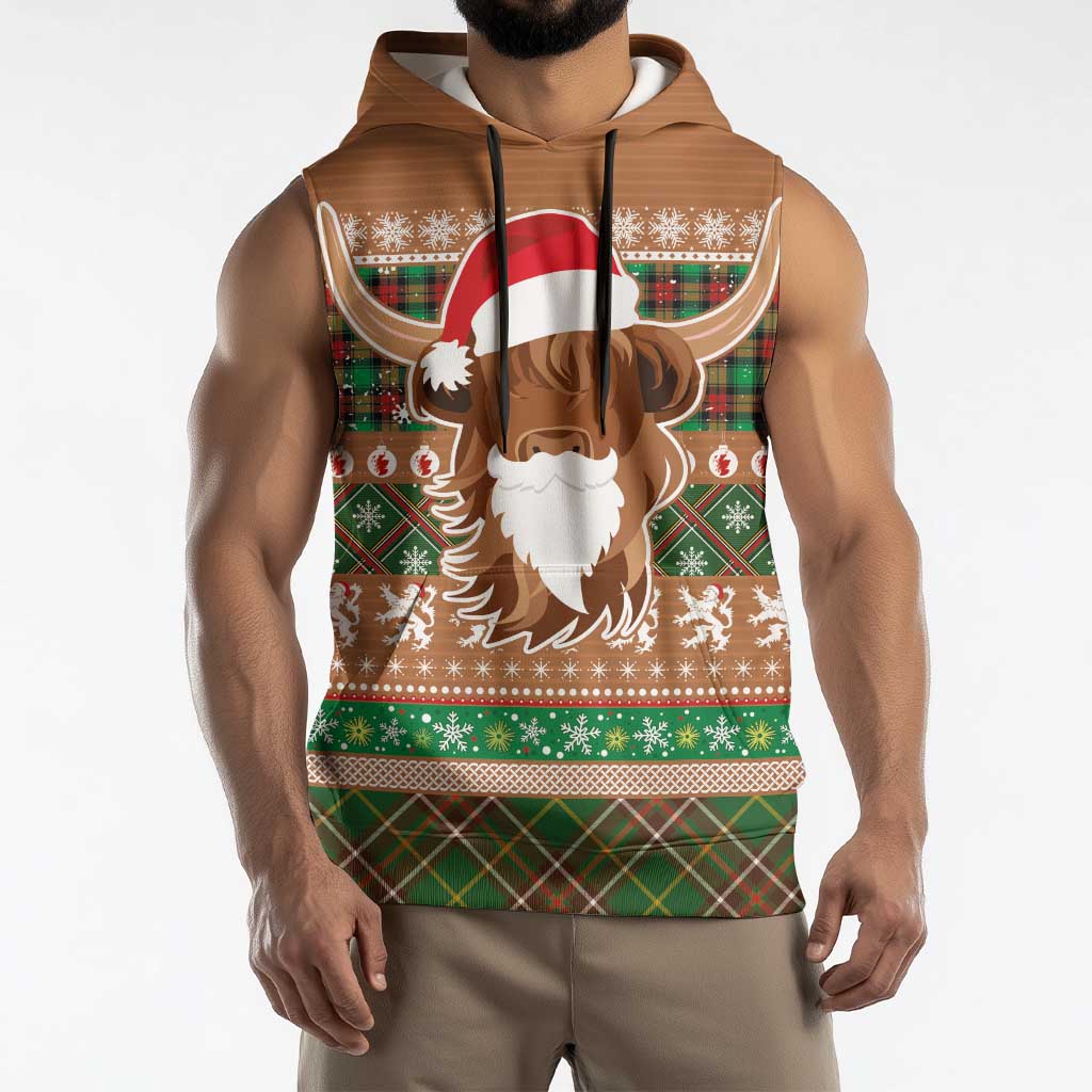 Scottish Christmas Sleeveless Hoodie Highland Cattle-Xmas Tartan Stripes Style Brown Color - Wonder Print Shop