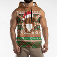 Scottish Christmas Sleeveless Hoodie Highland Cattle-Xmas Tartan Stripes Style Brown Color - Wonder Print Shop