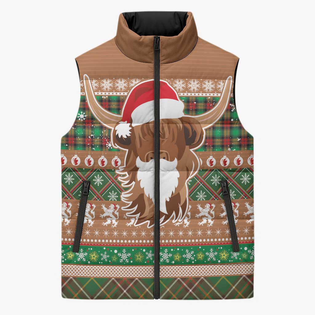 Scottish Christmas Sleeveless Puffer Jacket Highland Cattle-Xmas Tartan Stripes Style Brown Color - Wonder Print Shop
