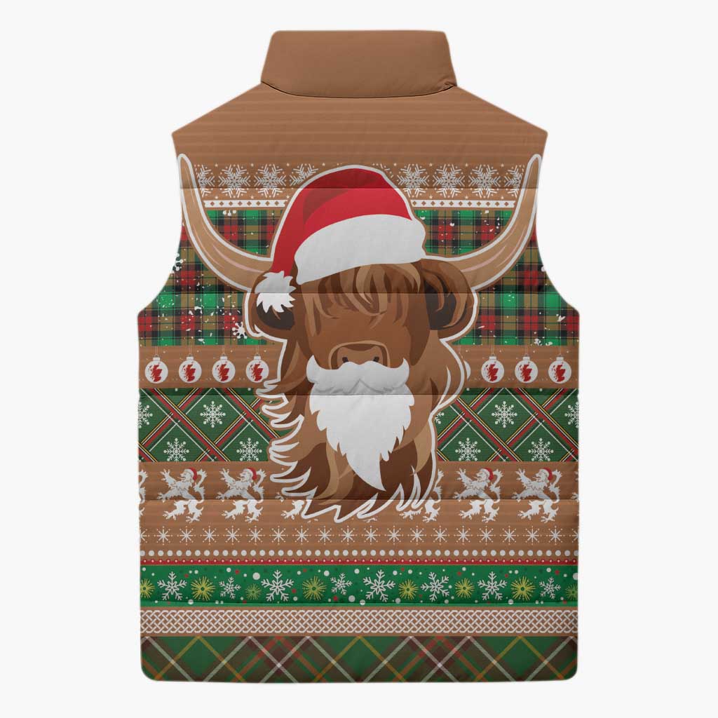 Scottish Christmas Sleeveless Puffer Jacket Highland Cattle-Xmas Tartan Stripes Style Brown Color - Wonder Print Shop