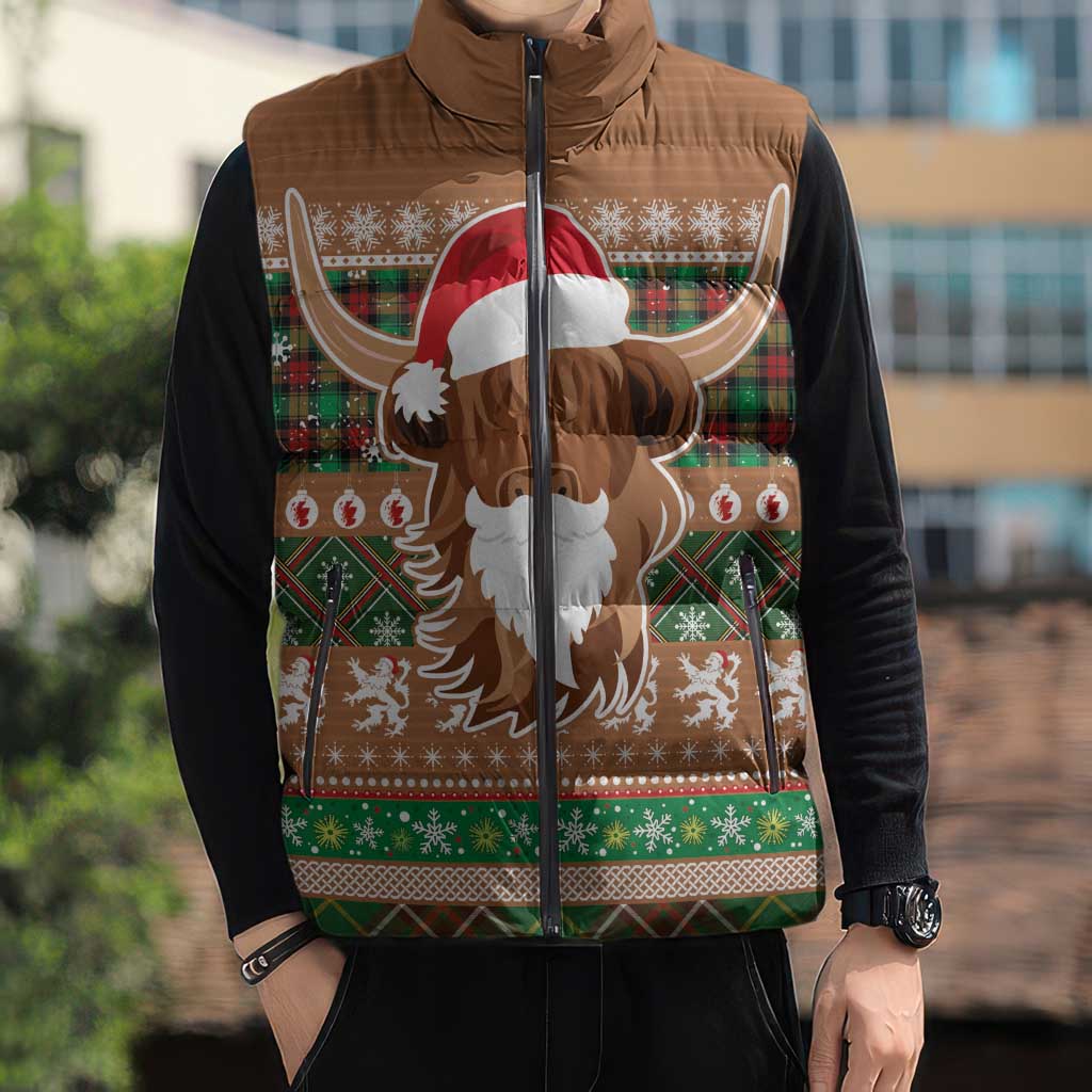 Scottish Christmas Sleeveless Puffer Jacket Highland Cattle-Xmas Tartan Stripes Style Brown Color - Wonder Print Shop