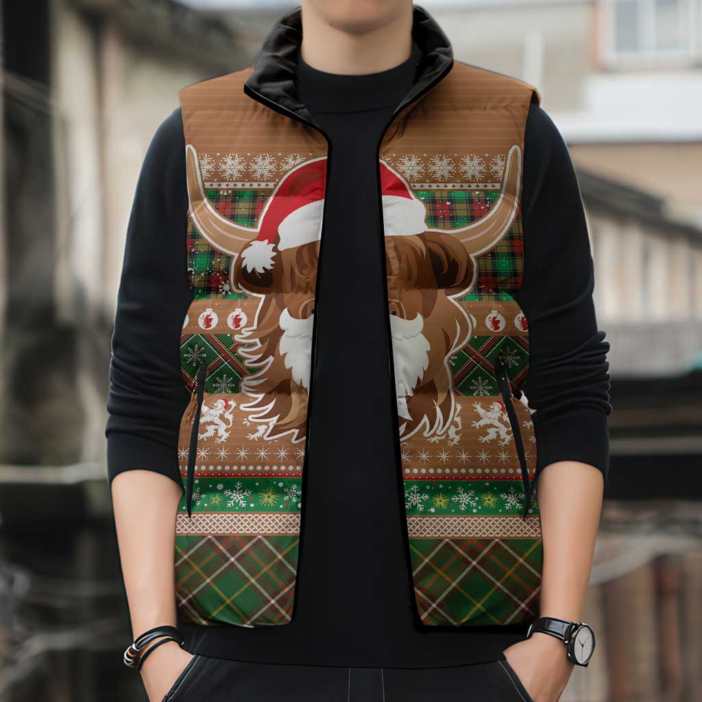 Scottish Christmas Sleeveless Puffer Jacket Highland Cattle-Xmas Tartan Stripes Style Brown Color - Wonder Print Shop