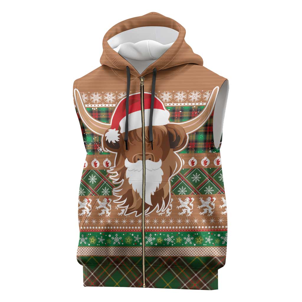 Scottish Christmas Sleeveless Zip Hoodie Highland Cattle-Xmas Tartan Stripes Style Brown Color - Wonder Print Shop