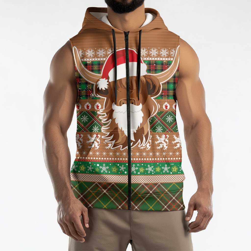 Scottish Christmas Sleeveless Zip Hoodie Highland Cattle-Xmas Tartan Stripes Style Brown Color - Wonder Print Shop
