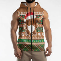 Scottish Christmas Sleeveless Zip Hoodie Highland Cattle-Xmas Tartan Stripes Style Brown Color - Wonder Print Shop