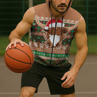 Scottish Christmas Sleeveless Zip Hoodie Highland Cattle-Xmas Tartan Stripes Style Brown Color - Wonder Print Shop