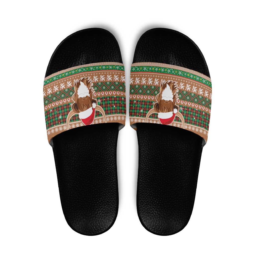 Scottish Christmas Slide Sandals Highland Cattle-Xmas Tartan Stripes Style Brown Color - Wonder Print Shop