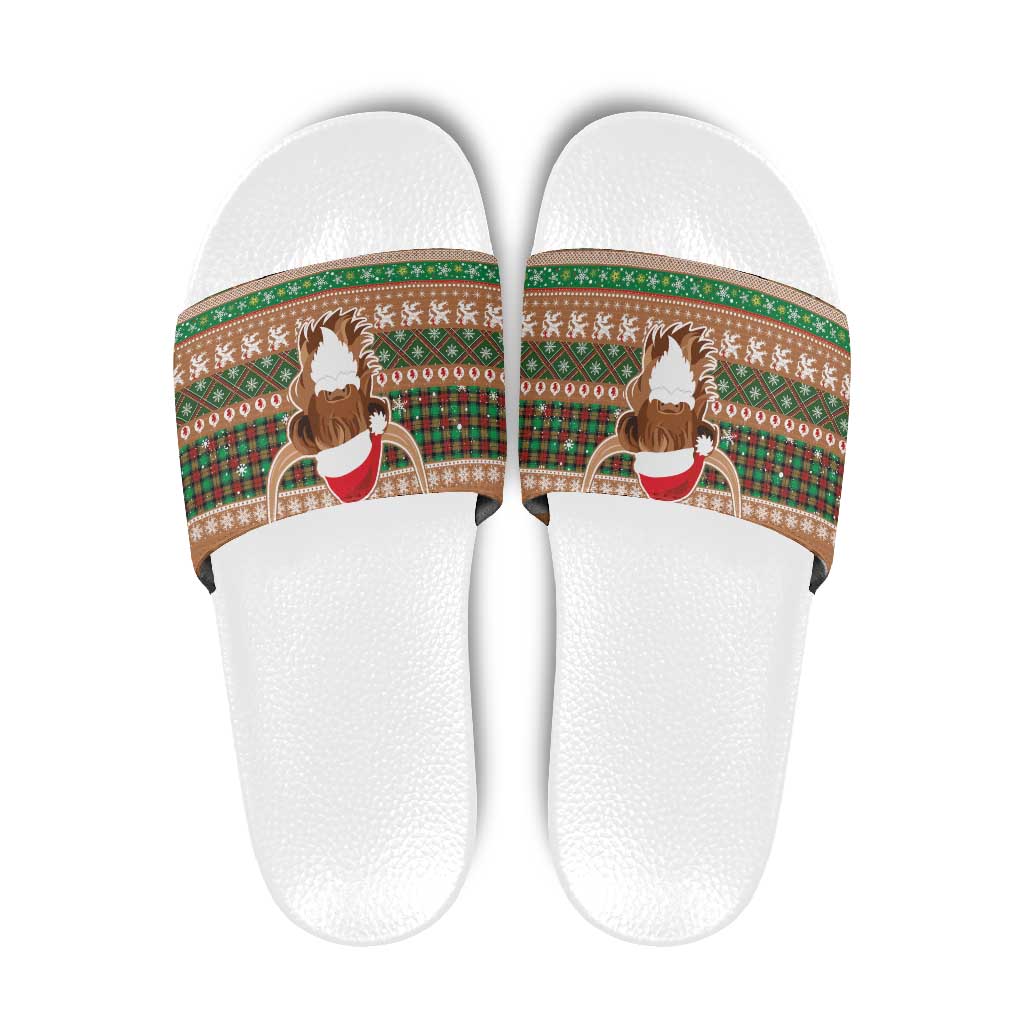 Scottish Christmas Slide Sandals Highland Cattle-Xmas Tartan Stripes Style Brown Color - Wonder Print Shop
