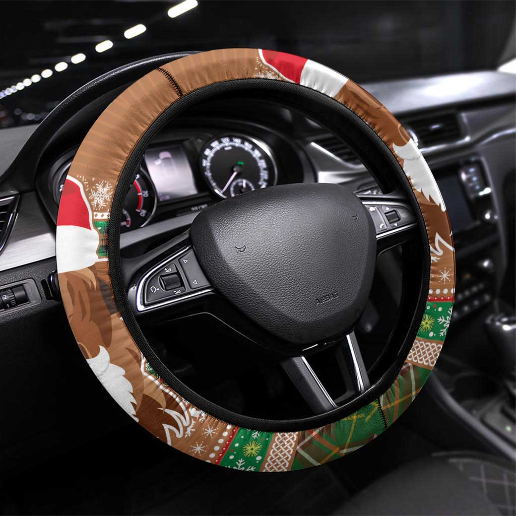 Scottish Christmas Steering Wheel Cover Highland Cattle-Xmas Tartan Stripes Style Brown Color - Wonder Print Shop