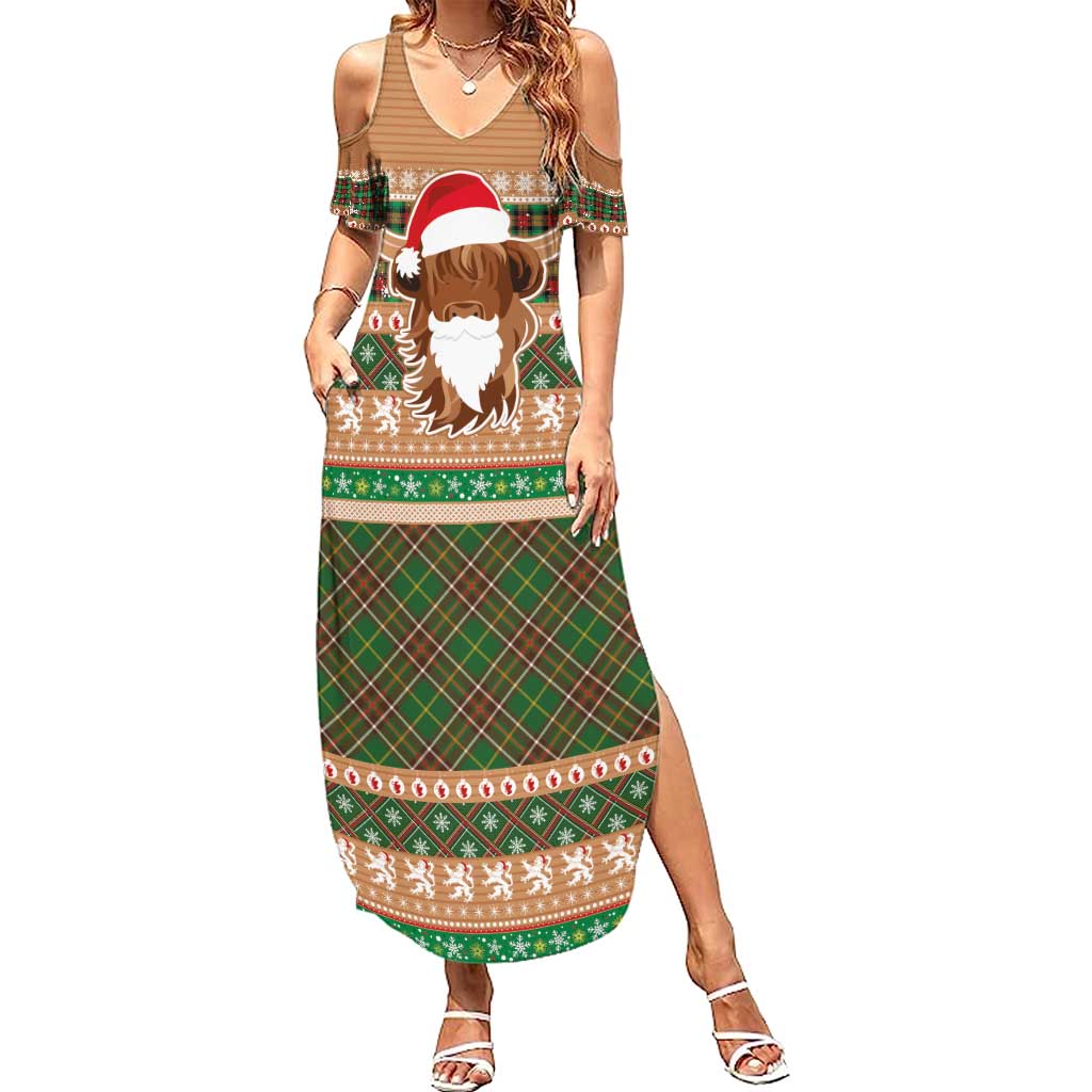 Scottish Christmas Summer Maxi Dress Highland Cattle-Xmas Tartan Stripes Style Brown Color - Wonder Print Shop