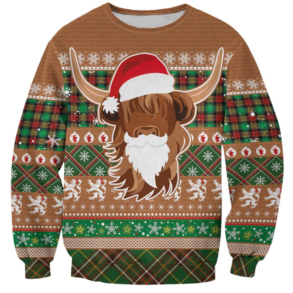 Scottish Christmas Sweatshirt Highland Cattle-Xmas Tartan Stripes Style Brown Color - Wonder Print Shop