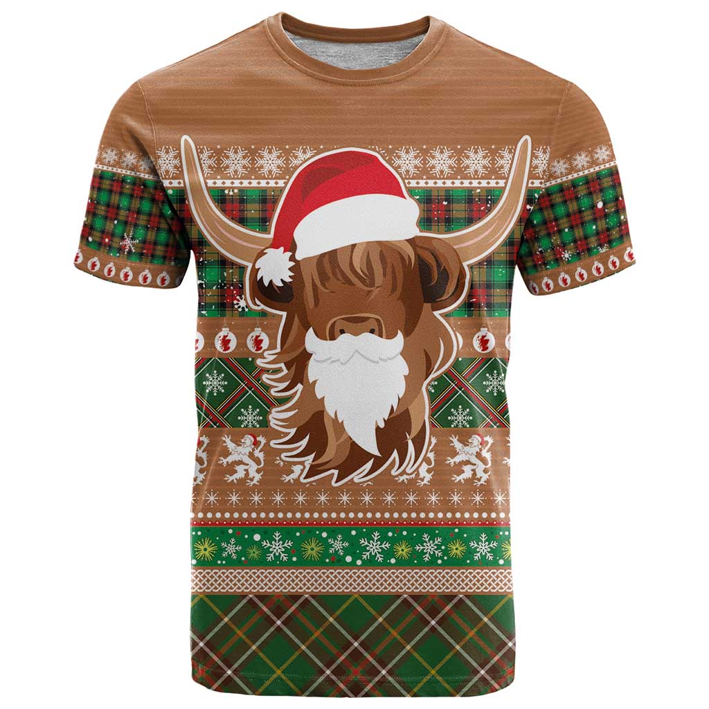 Scottish Christmas T Shirt Highland Cattle-Xmas Tartan Stripes Style Brown Color - Wonder Print Shop