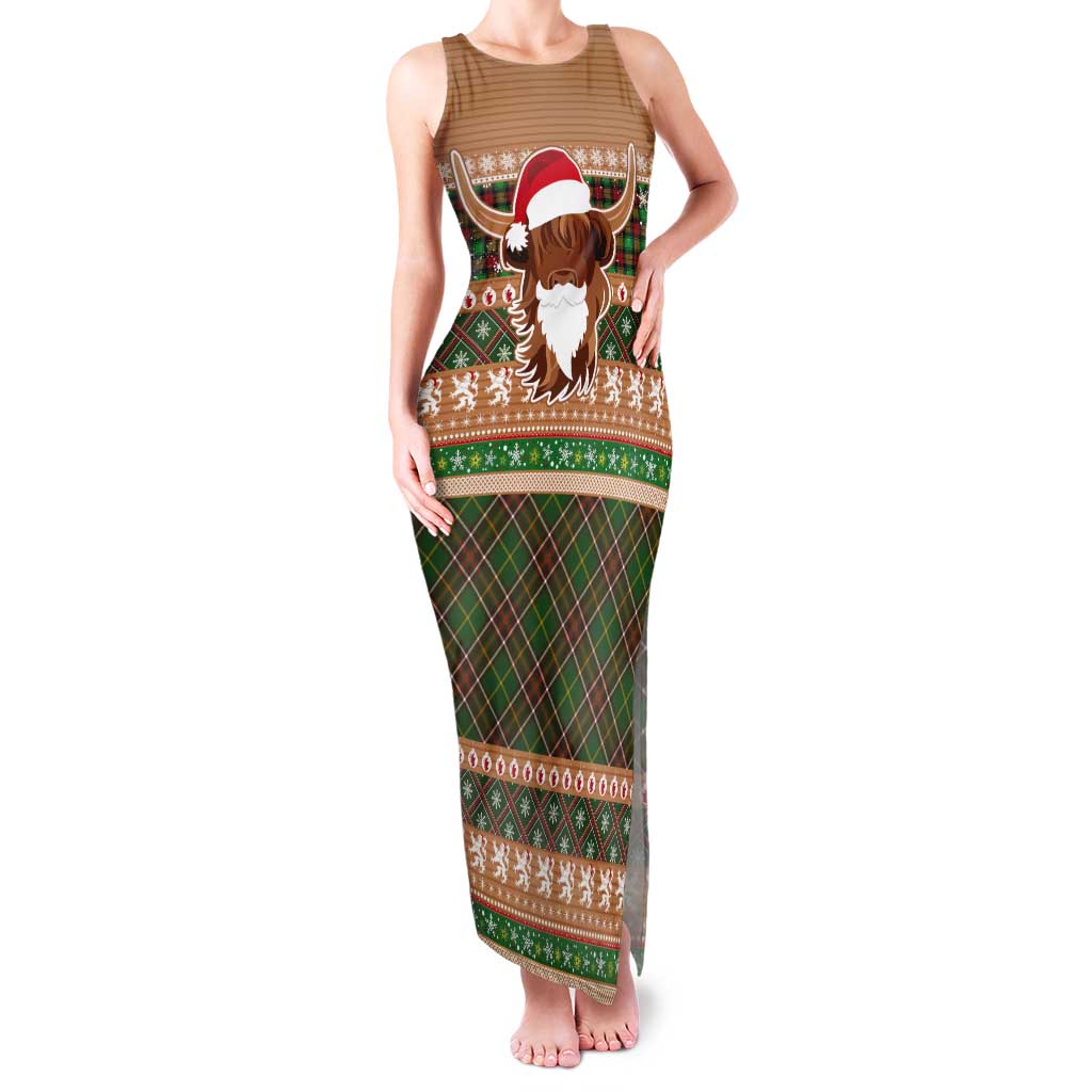 Scottish Christmas Tank Maxi Dress Highland Cattle-Xmas Tartan Stripes Style Brown Color - Wonder Print Shop