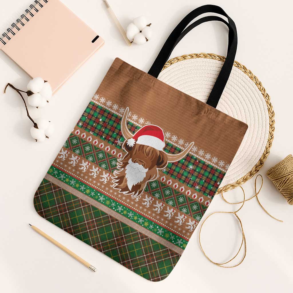 Scottish Christmas Tote Bag Highland Cattle-Xmas Tartan Stripes Style Brown Color - Wonder Print Shop