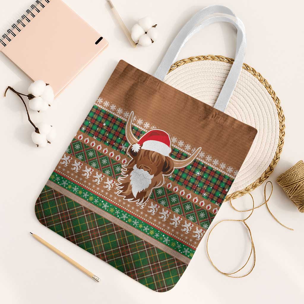 Scottish Christmas Tote Bag Highland Cattle-Xmas Tartan Stripes Style Brown Color - Wonder Print Shop