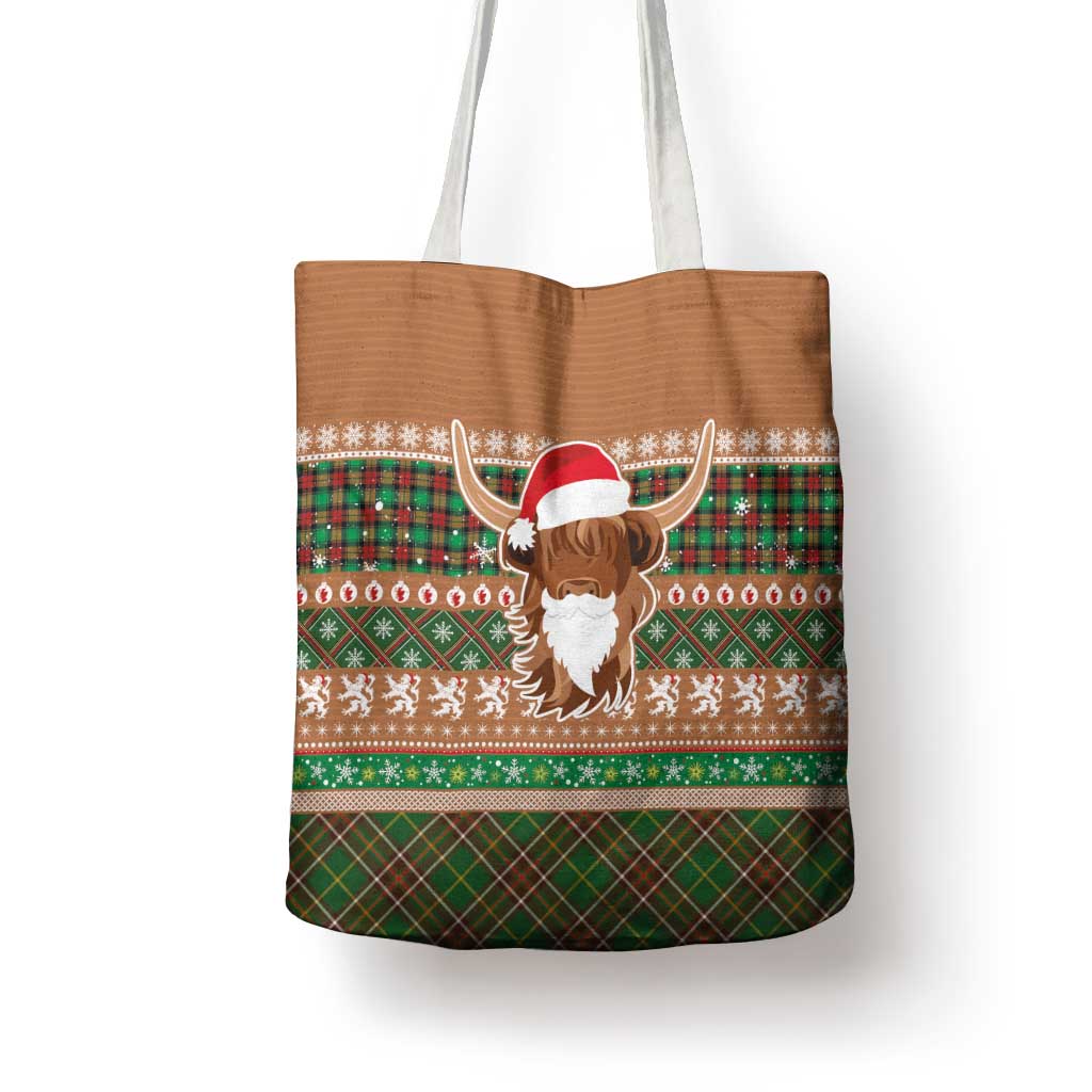Scottish Christmas Tote Bag Highland Cattle-Xmas Tartan Stripes Style Brown Color - Wonder Print Shop