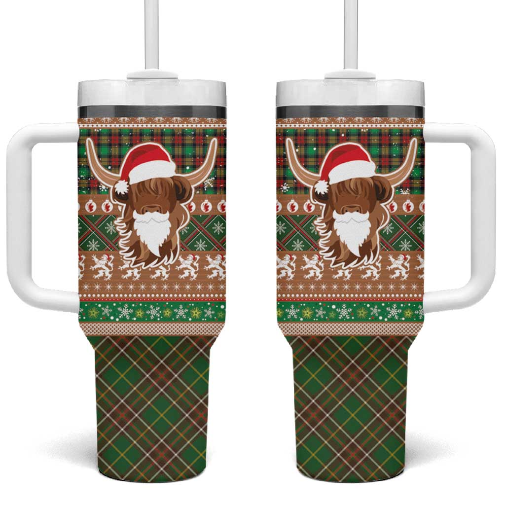 Scottish Christmas Tumbler With Handle Highland Cattle-Xmas Tartan Stripes Style Brown Color - Wonder Print Shop