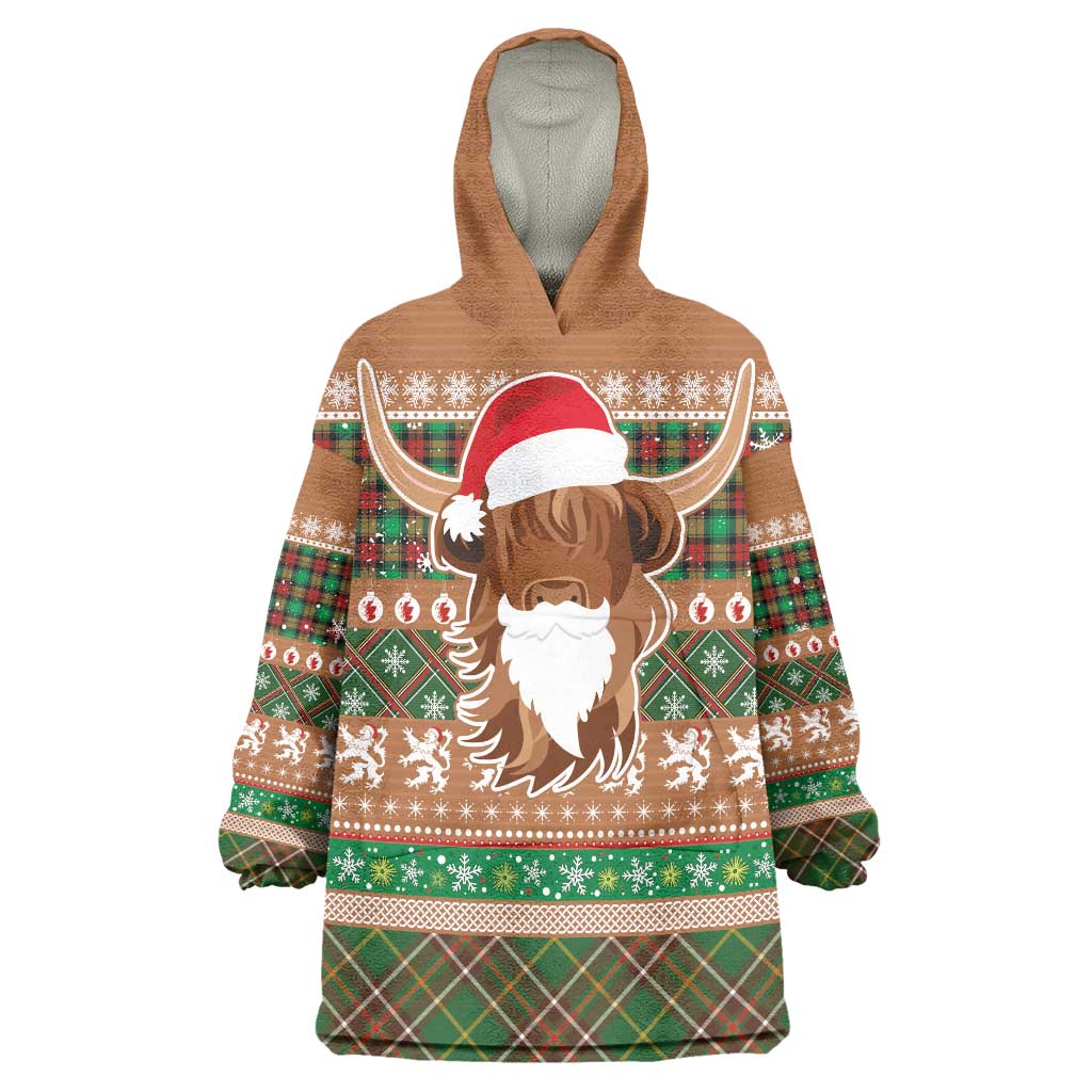 Scottish Christmas Wearable Blanket Hoodie Highland Cattle-Xmas Tartan Stripes Style Brown Color - Wonder Print Shop