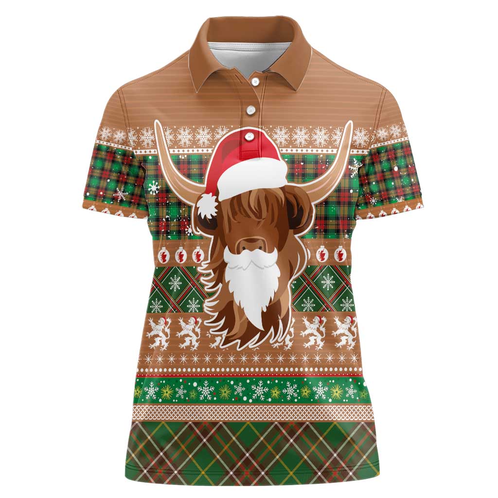 Scottish Christmas Women Polo Shirt Highland Cattle-Xmas Tartan Stripes Style Brown Color - Wonder Print Shop