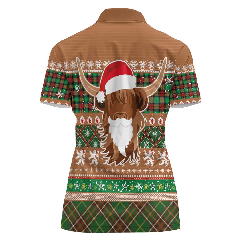 Scottish Christmas Women Polo Shirt Highland Cattle-Xmas Tartan Stripes Style Brown Color - Wonder Print Shop