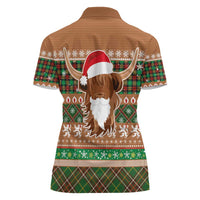 Scottish Christmas Women Polo Shirt Highland Cattle-Xmas Tartan Stripes Style Brown Color - Wonder Print Shop