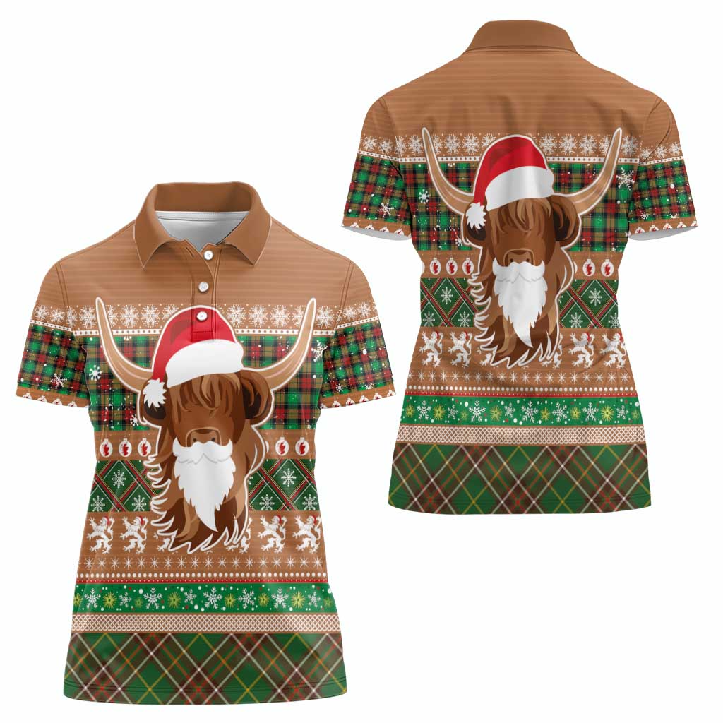 Scottish Christmas Women Polo Shirt Highland Cattle-Xmas Tartan Stripes Style Brown Color - Wonder Print Shop