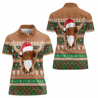 Scottish Christmas Women Polo Shirt Highland Cattle-Xmas Tartan Stripes Style Brown Color - Wonder Print Shop