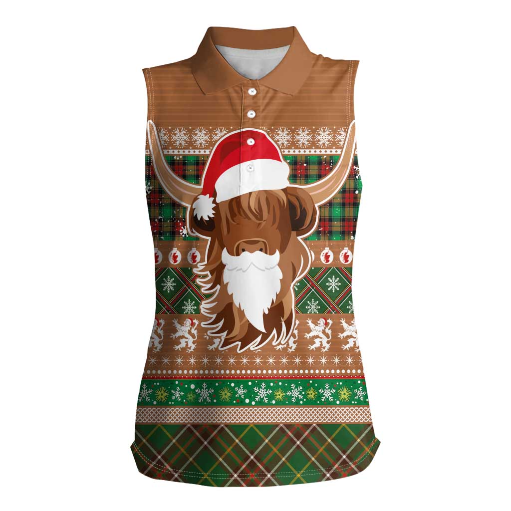 Scottish Christmas Women Sleeveless Polo Shirt Highland Cattle-Xmas Tartan Stripes Style Brown Color - Wonder Print Shop