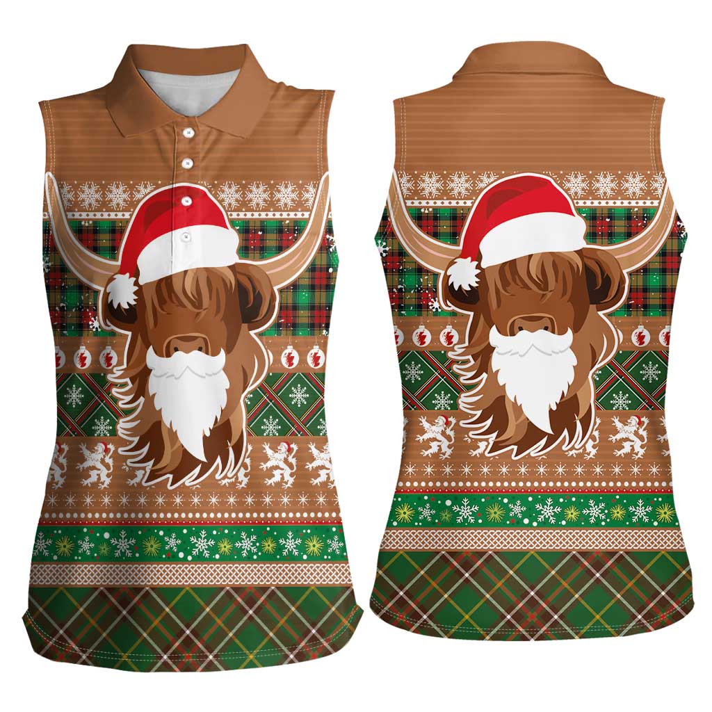 Scottish Christmas Women Sleeveless Polo Shirt Highland Cattle-Xmas Tartan Stripes Style Brown Color - Wonder Print Shop