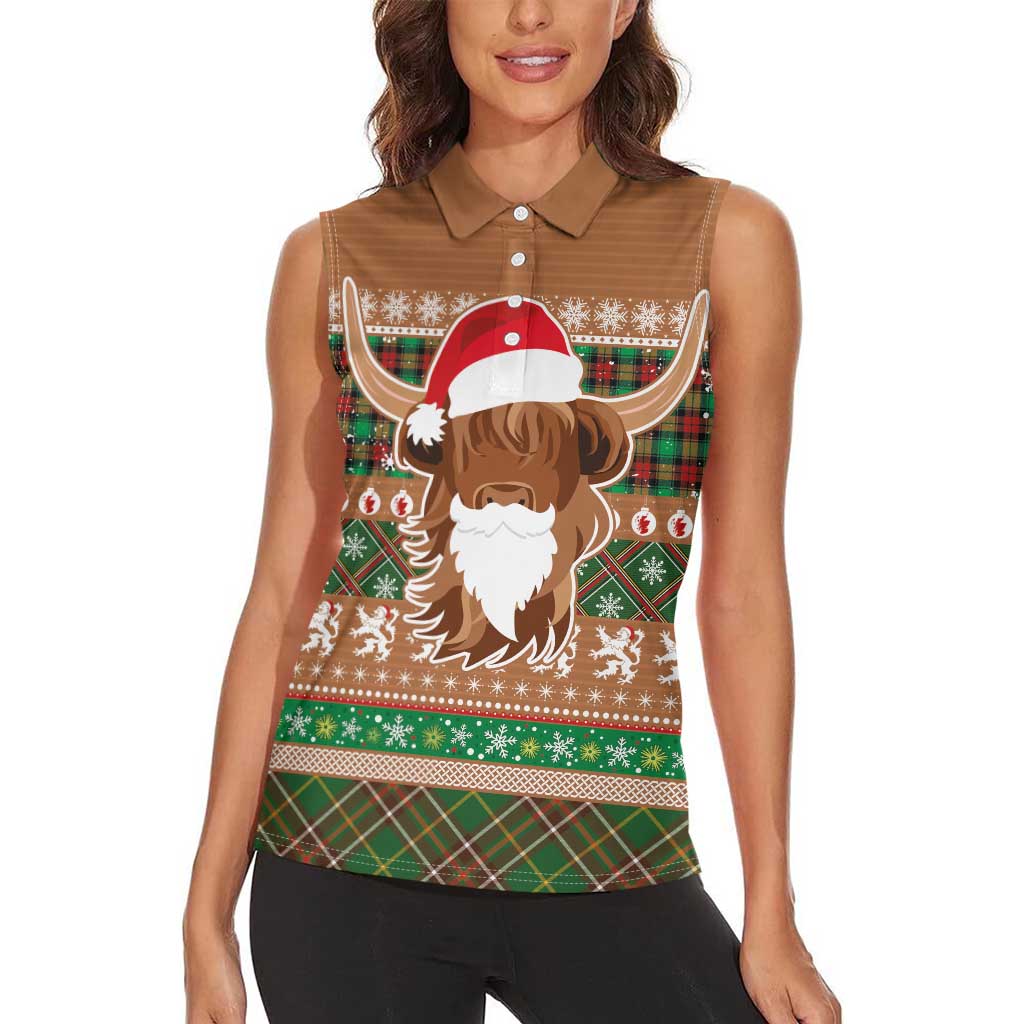Scottish Christmas Women Sleeveless Polo Shirt Highland Cattle-Xmas Tartan Stripes Style Brown Color - Wonder Print Shop
