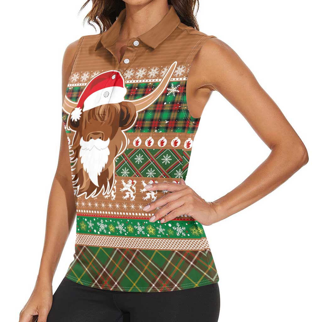 Scottish Christmas Women Sleeveless Polo Shirt Highland Cattle-Xmas Tartan Stripes Style Brown Color - Wonder Print Shop