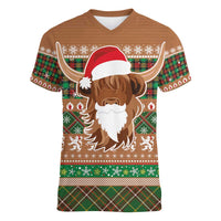 Scottish Christmas Women V-Neck T-Shirt Highland Cattle-Xmas Tartan Stripes Style Brown Color - Wonder Print Shop