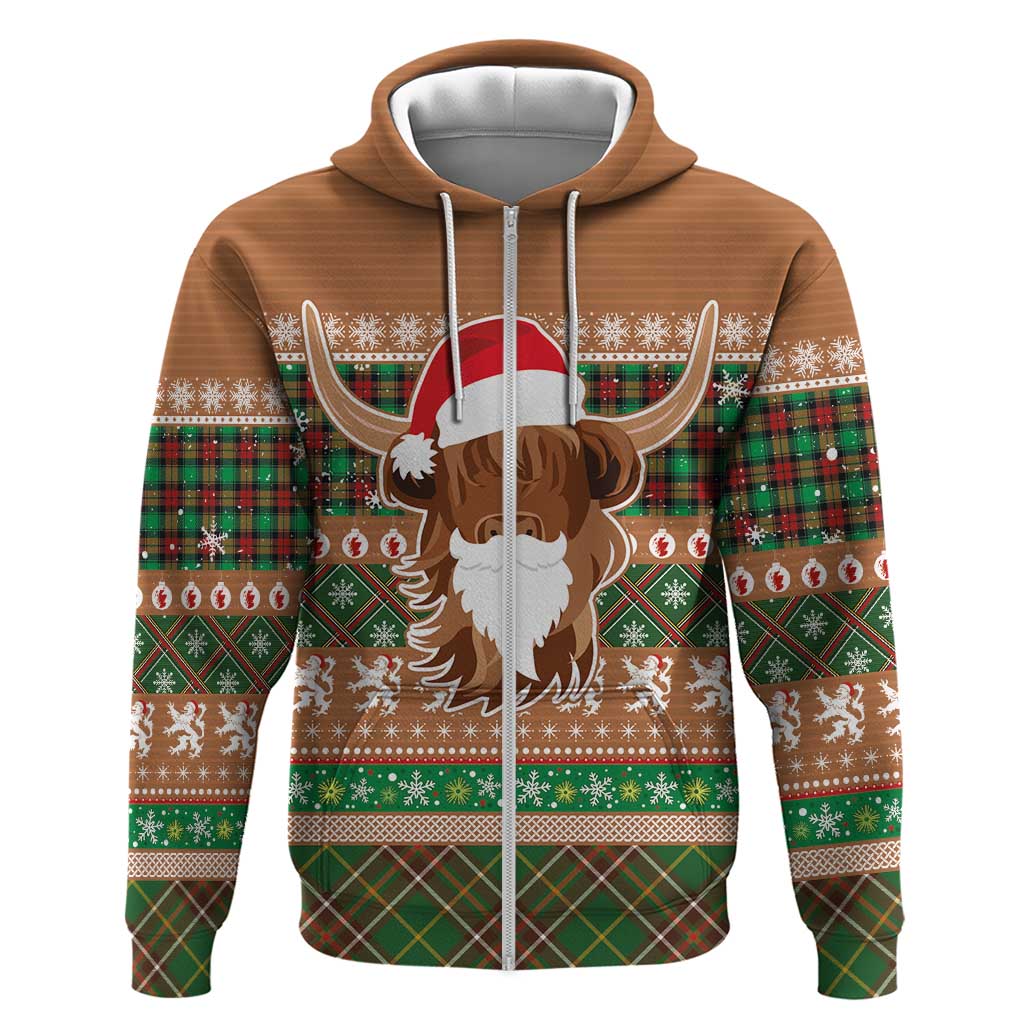 Scottish Christmas Zip Hoodie Highland Cattle-Xmas Tartan Stripes Style Brown Color - Wonder Print Shop